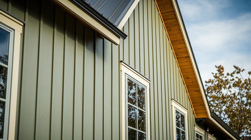 Board and batten gable with trim, soffit, and fascia detail